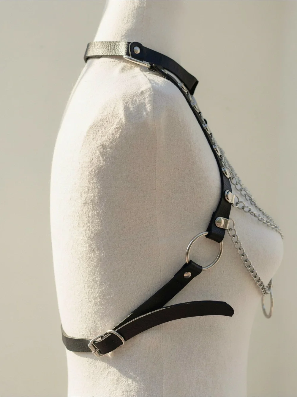 Y2K 2000s style Silver Chain Harness with Black Leather Straps and Silver Studs